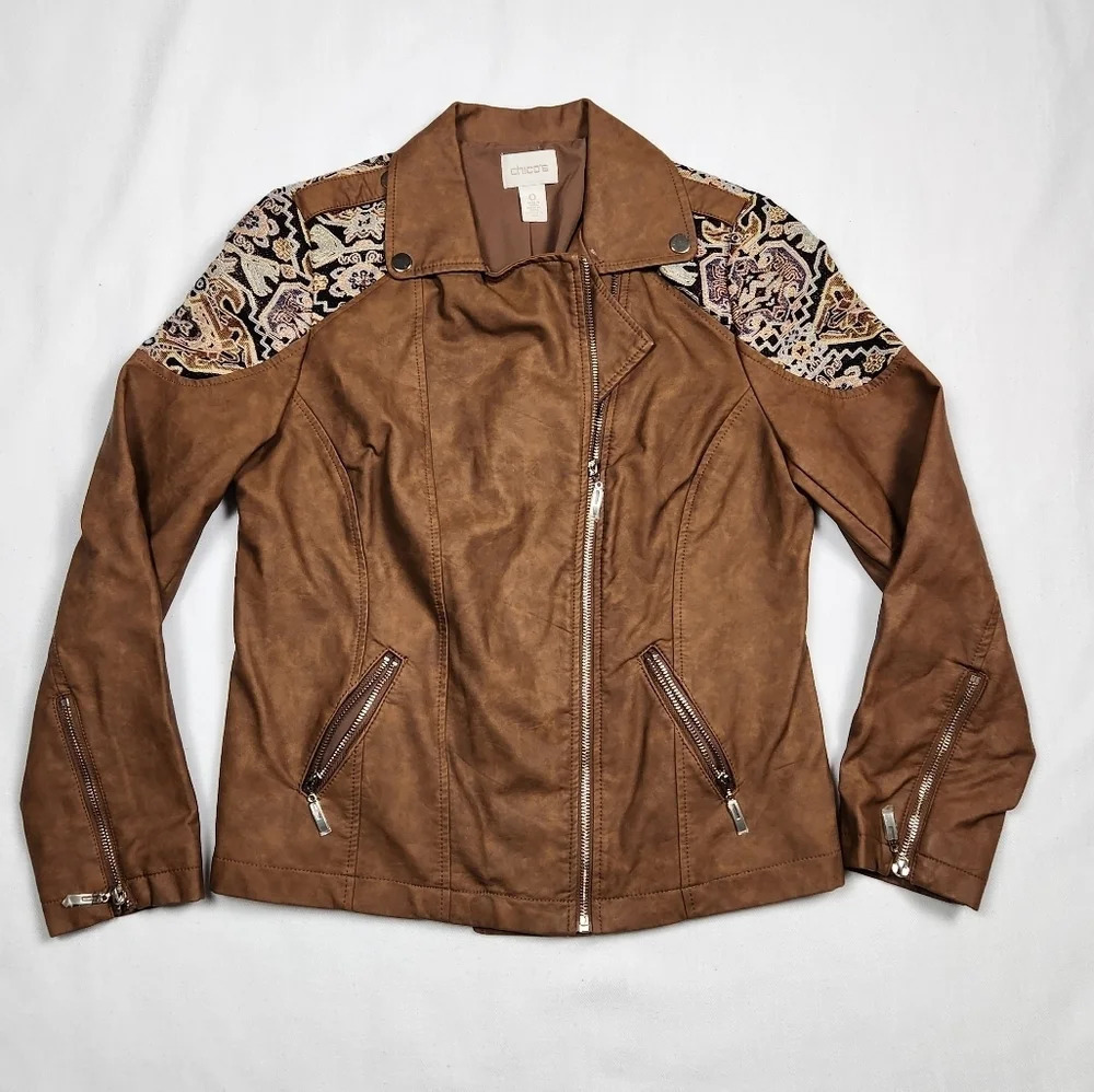 Chico's Faux Brown Leather Jacket - Picture 1 of 7